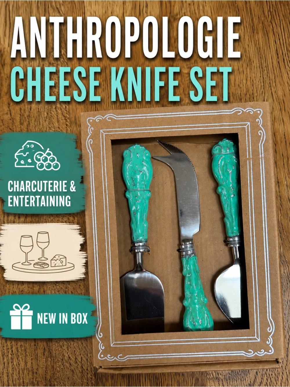 Anthropologie Cheese Knife Set Turquoise Resin Handles Serving Utensils NIB